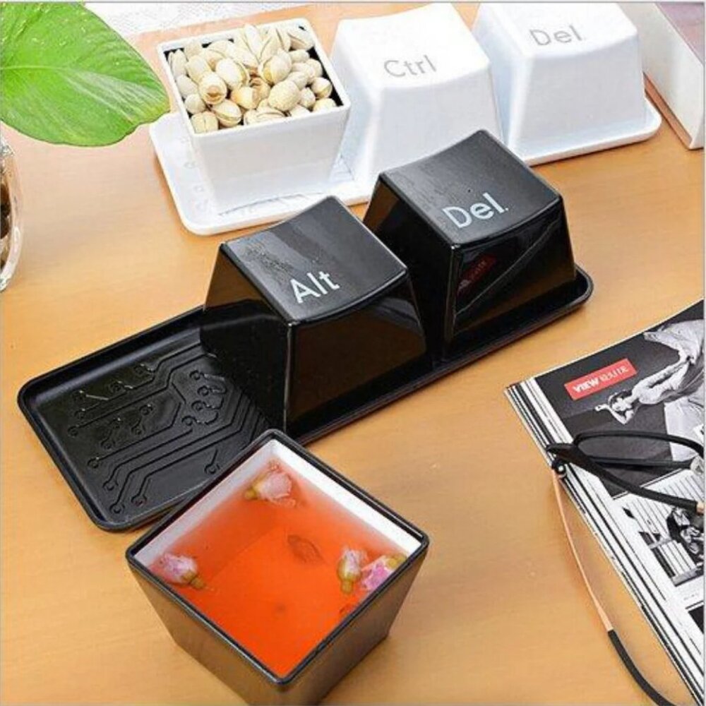 (Set of x3) Ctrl-Alt-Del - Computer Key Mug/Bowl Set - Black with White Text
